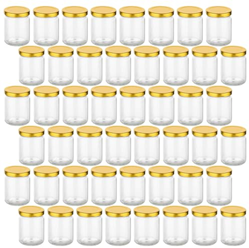 gouveo 48er Set Einmachgläser 100 ml (0,10 l) Einmachglas 100 ml rund Twist-Off Schraubdeckel goldfarben kleine Schraubgläser für Marmelade, Honig, Gewürze, Proben & Deko (EGR100G)