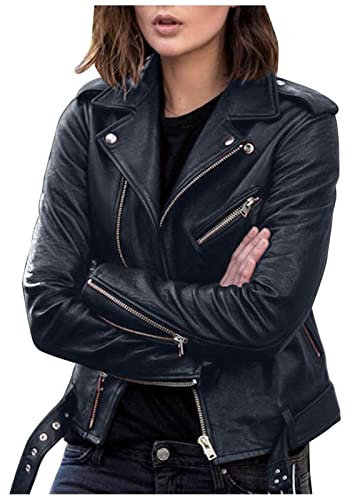 Women Dress Jackets Women Plus Size Fashion Faux Leather Jacket Long Sleeve Zipper Fitted Artificial Leather Coat Fall Short Jacket Slim Coat Short Jacket for Women (Navy, XL)