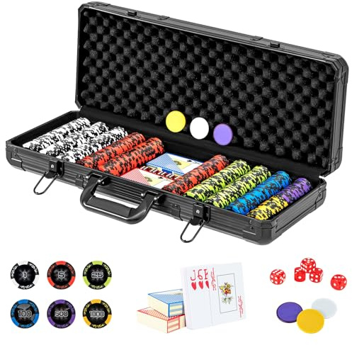 HOMASIS Set da poker con 500 chip laser, valigetta da poker con 2 mazzi di carte, 5 dadi, 3 spacciatori, chiavistello, valigetta da poker in alluminio con 2 chiavi, set completo per feste, casinò (500