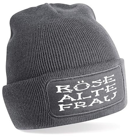 Herzbotschaft Beanie Strickmütze mit Spruch | Böse alte Frau | grau | Unisex SoftTouch angenehm weiche und warme Wintermütze | OneSize Einheitsgröße für Erwachsene