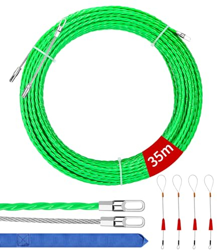SinLaw 35 M Aiguille Electricien Rigide,Tire Fil Electrique,Ø 4,5 mm, Aiguille Electricien Nylon avec 4 Tête Guidage, Aiguille Tire Fil pour Câble de Communication Mur Conduit de Sol(vert)