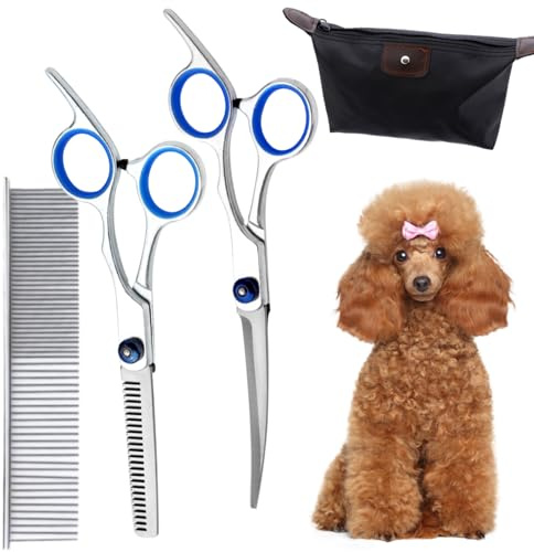 DKDDSSS 4 Pezzi Forbici Toelettatura Cani, Forbici da Toelettatura per Animali Domestici, Cesoie per Diradamento, Pettine per Toelettatura, Forbici Curve, per Toelettatura Animali Fai Da Te