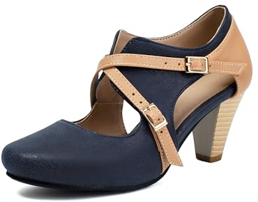 Elerhythm Women's Mary Jane 1920s Pump Heels Two Straps Classic and Retro 1950s Vintage Round Closed Toe 1940s Shoes (Black US6)