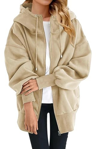 Sweatjacka dam med huva oversize – huvtröja enfärgad dragkedja huvtröja dam dragkedja huvjacka med huva sweatshirt jacka med fickor Y2k sport stil huvtröja hoodie, Beige, XL