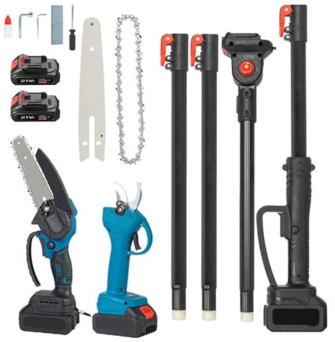 Tijeras de podar de Poste 4 en 1, poda eléctrica inalámbrica, Motosierra de Mano, con 2 baterías Recargables, Poste de extensión de Alto Alcance Desmontable de 6,7 pies para árboles