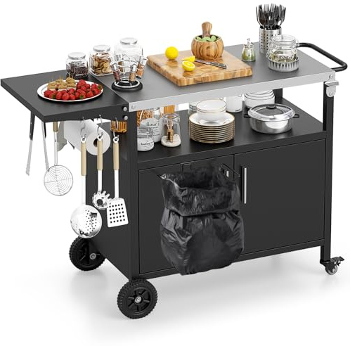 COSTWAY Chariot de Barbecue d'Extérieur avec Rangement | Desserte de Jardin avec Plateau Pliable en Acier Inoxydable 6 Crochets Etagère Ouverte Armoire à 2 Portes, 127 x 50 x 84 cm
