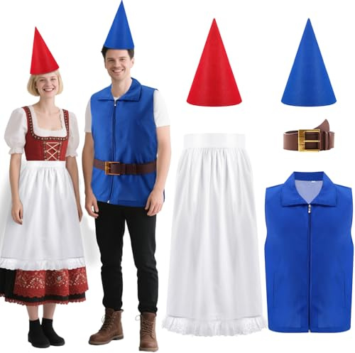 Mepase 5 Pcs Couple Garden Gnome Costume Halloween Dwarf Costume Set Adult | 2 Conical Felt Gnome Hats, Apron, Vest and Belt for Women Men, Gnome Outfit, Halloween Cosplay Accessories, Dress up Party