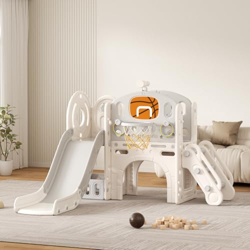 Tobogán para Niños Pequeños con Escalera: Zona de Juegos Interior y Exterior con Caja de Almacenamiento Túnel Escalera Aro de Baloncesto y Zona de Paso Tobogán de Jardín (Star Set-F-Gray)