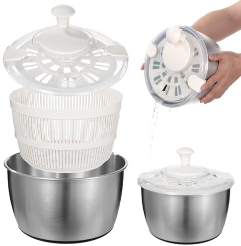 Stainless Steel Salad Spinner 5 L, 360° Quick Spin Function, BPA-Free Lid, Anti-Slip Base, Removable Design for Fruits, Vegetables, Pasta, and More