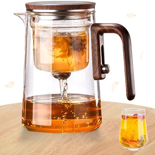 800ml Wassertrennung Glas Teekanne mit Siebeinsatz - Magische Glas Teekanne mit Infusor, Transparente mit Holzimitat-Griff, KäLtebestäNdiges und HitzebestäNdiges, für Zuhause, Arbeitsplatz