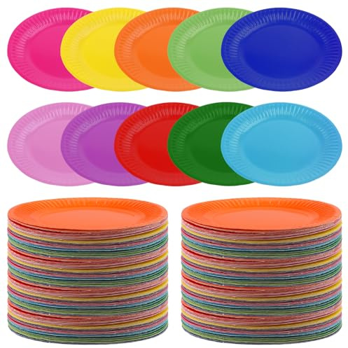 KEILEOHO 200 Stück 9 Zoll Bunte Pappteller, 10 Farben Rund Teller Papierteller, Party Pappteller für Geburtstage, Feste, Picknicks, Hochzeit