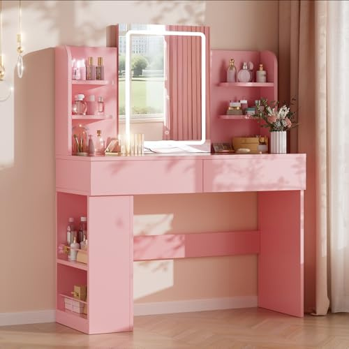 Airfish Toeletta da Trucco con Luci LED,Luminosità Regolabile,Postazione Trucco,Tavolo da Trucco con Specchio,2 Cassetti,Ripiani Aperti,Moderno,Bianco (Rosa, 108CM)