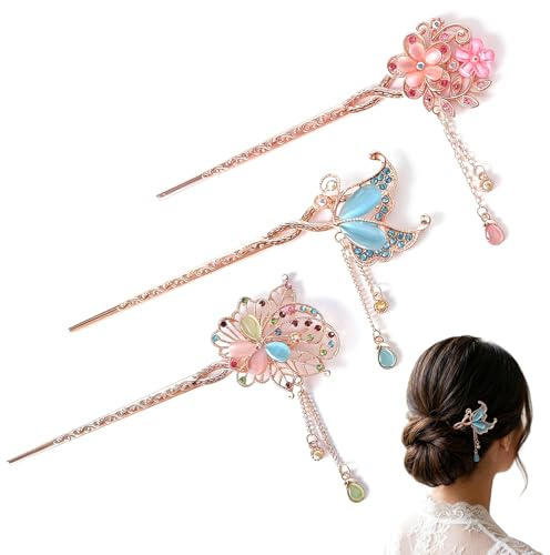 Zimoer Juego de 3 Palitos de Pelo Vintage, Horquillas Chinas Vintage, Accesorios para el Cabello en Metal, Accesorios para el Pelo de Estilo Antiguo, Peinado Recogido Elegante para Mujeres y Niñas