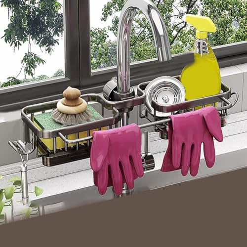 Organizer multifunzionale per lavello da cucina con porta asciugamani e contenitore per spugna, installazione senza trapano per mensola in alluminio resistente, Space-Sa (quadrato grigio)