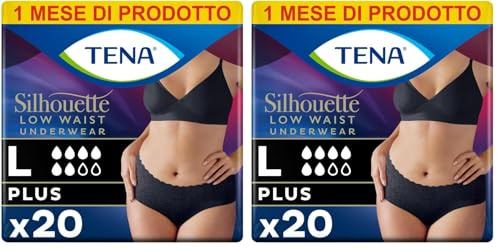 Tena Silhouette, Noir, Vita Bassa, Taglia L, 20 Mutandine, per Perdite Urinarie, Elasticizzate, Monouso, per Donna (Confezione da 2)