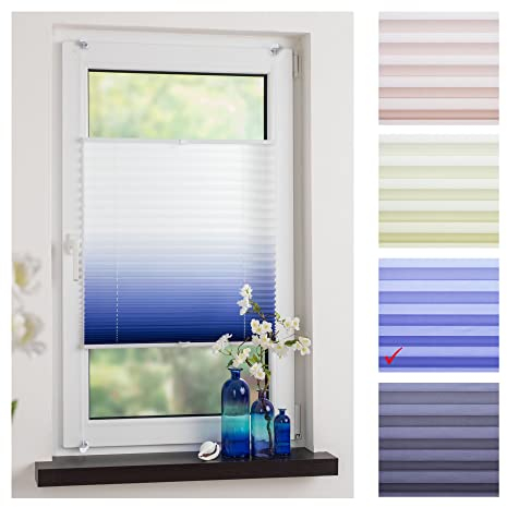 Liedeco® Klemmfix Plissee Farbverlauf verspannt mit Klemmträger/Breite x Höhe: 80x130 cm/Farbe: Blau/Plissee farbig/lichtdurchlässig verstellbar/Innen-Montage ohne Bohren / 123 montiert