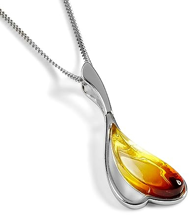 Silver och 'Brinnande' bärnsten hänge på en 16,5 cm silverkedja, Halsband Dam