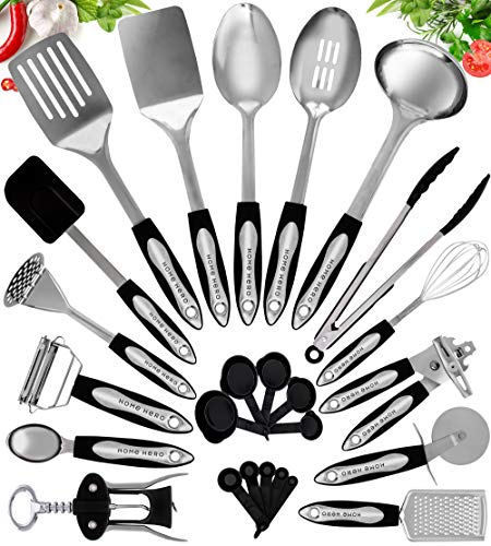 Kitchen Utensils Set - Non-Stick Heat Resistant Cooking Utensils Set - Spoons Turners Spatula Ladle Set - Kitchen Tools Gadgets Accessories (40 pcs Stainless Steel Set)