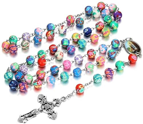 BOBIJOO JEWELRY - Chapelet Catholique Lourdes Perles Argile Nature Jesus Médaille Croix Fleur de Lys