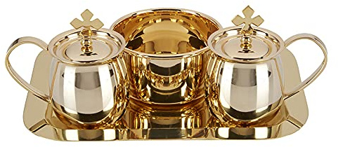 Catholic Sudbury Brass Cruet Set with Tray and Bowl, 5 Ounce