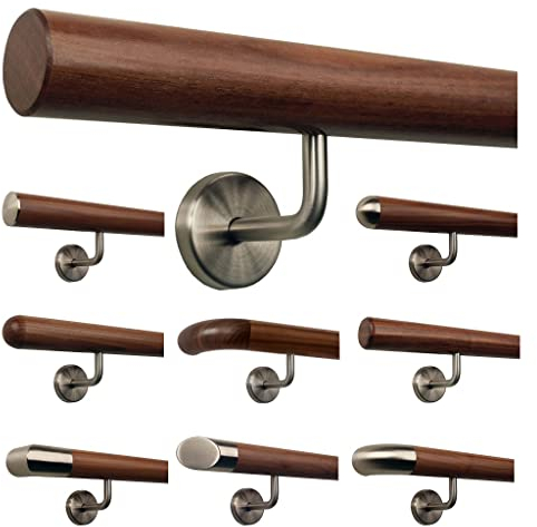 TIBU Ami Nussbaum Geländer Handlauf Treppe Holz Griff gewinkelt Edelstahlhalter, Länge 30-500 cm - Variante: 410 cm mit 5 Halter und Ende gefast