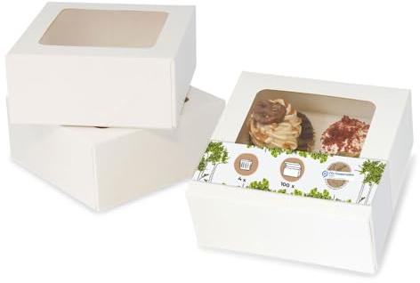 BIOZOYG 4er Cupcake Muffin Box Karton mit großem Sichtfenster inkl. Einlage I 100 Stück Patisserieschachteln Geschenkboxen weiß I Bio Box Take Away Kartonschachtel biologisch abbaubar
