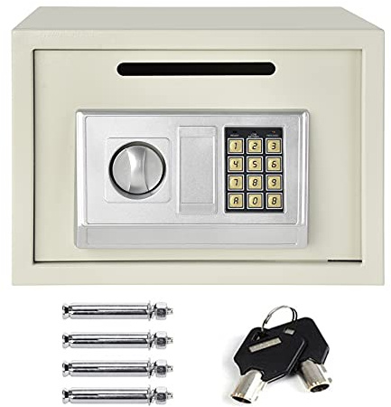 16 Litre Safe Box Digital Large Security Safety Steel Case 9.8 * 13.8 * 9.8in Cash Value Home Safe with Locking Bolts Spare Keys for Office or Home Use Wall or Floor Mounted, White