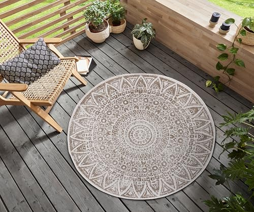 Freundin Home Collection Nora In- & Outdoor Teppich Rund – Wendeteppich Wetterfest Modernes Design Runder Teppich für Balkon Terrasse Wintergarten Badteppich Wohnzimmerteppich, Grau Creme, 140cm
