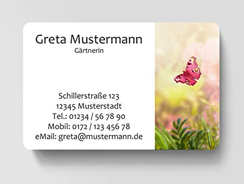 100 Visitenkarten, laminiert, 85 x 55 mm, inkl. Kartenspender - Schmetterling Wald Natur