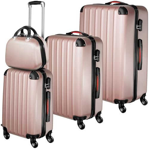 tectake® Juego de 3 Maletas Rígidas de Plástico ABS y 1 Neceser, Tamaños XL-L-M, Set Maletas Viaje con Ruedas de 360º Extraíbles, Cerradura de Combinación, Asas Laterales y Asa Telescópica - Rosa