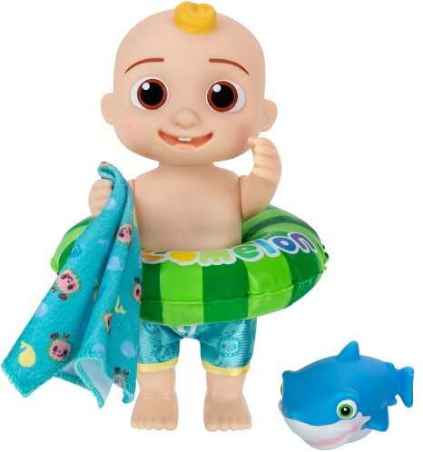 CoComelon - Muñeca Splish Splash JJ - con pulverizador de baño con forma de tiburón y accesorios para juegos de agua - Juguetes para niños y preescolares - Exclusivo de Amazon