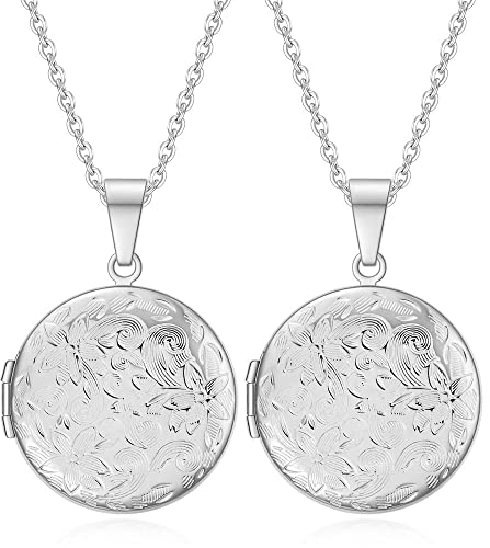 Liitata 2 Stück Foto Bilder Rund Halskette Öffnen Medaillon Halskette Edelstahl Blumen Muster Anhänger Amulett für Mutter Freundinnen Mädchen Geburtstags Geschenk Souvenir - Silber