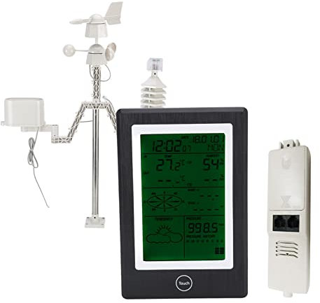 EVTSCAN Stazione Meteo Intelligente WiFi con Sensore Esterno, Pannello Solare per Previsioni Meteo, Temperatura, umidità, Pressione dell'Aria, Indicatore del Vento, Pluviometro, Frase Lunare, Sveglia