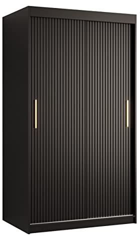 Mirjan24 Kleiderschrank Kirtan Slim I, Schwebetürenschrank mit 2 Kleiderstangen, Schiebetürenschrank mit Zierstreifen für Schlafzimmer, Garderobe (Modell 100, Schwarz/Schwarz)
