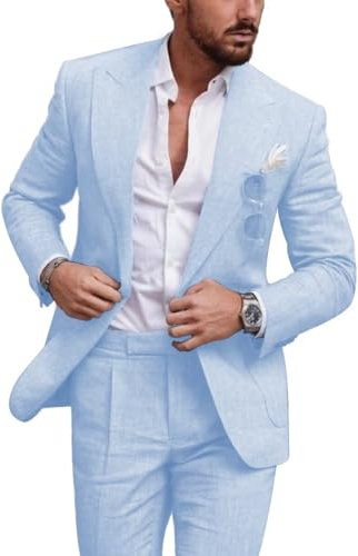 Abito da uomo in lino 2 pezzi, slim fit, per matrimonio, estivo, spiaggia, ballo, feste, blazer, Cielo blu, XL