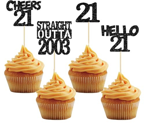 Gyufise 24Pcs Straight Outta 2004 Cupcake Toppers Glitter Twenty-one Happy 21st Cupcake Picks Cheers to 21 Years Birthday Cake Decorations for Happy 21st Birthday Anniversary Party Supplies Black