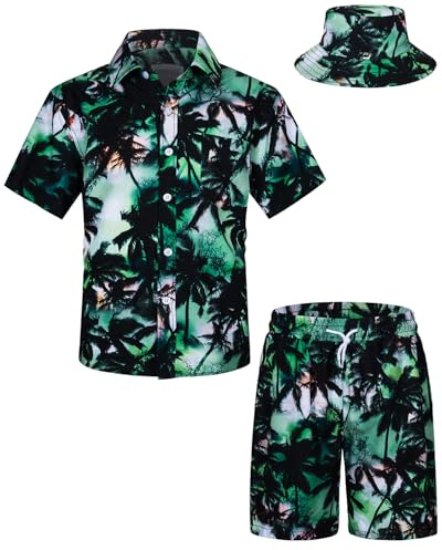 TUNEVUSE Little & Big Boys - Conjunto de camisas hawaianas con botones y pantalones cortos con sombrero de pescador, trajes de verano estampados para niños, Verde11, 13-14 años