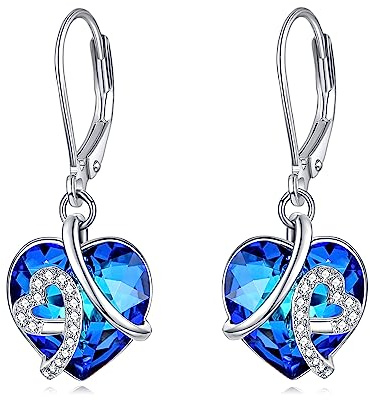 AOBOCO Herz Ohrringe Damen, 925 Sterling Silber Creolen baumeln mit Blau Kristallen, Geburtstag Geschenke für Frau Mutter