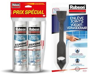 Rubson | Mastic Bain & Cuisine Blanc (lot de 2 cartouches de 280 ml) + Outil Enlève Joints – Kit complet anti-moisissures : mastic silicone étanche + raclette double embout pour retrait et finition