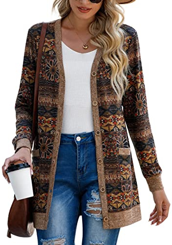 GRECERELLE Womens Cardigan Long Sleeve Open Front Cardigans Button Down V Neck Ribbed Knit Lightweight Outerwear with Pocket (Round Flower Brown L)