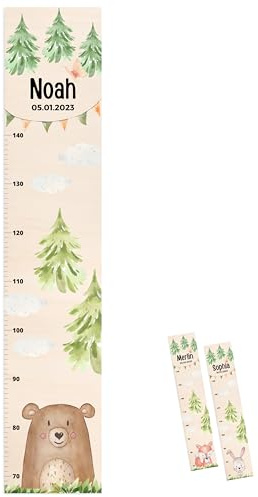 wunderwunsch® - Personalisierte Messlatte Kind Holz zum Kleben oder Aufhängen - Skala 70-140cm - Süße Dekoration für Baby- & Kleinkinderzimmer (Bär)