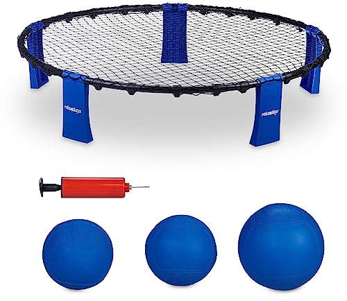 Relaxdays Set da Roundnet, con Rete, 3 Palline, Pompa e Borsa per Trasporto, Gioco Spiaggia, Parco, Giardino, Nero Blu