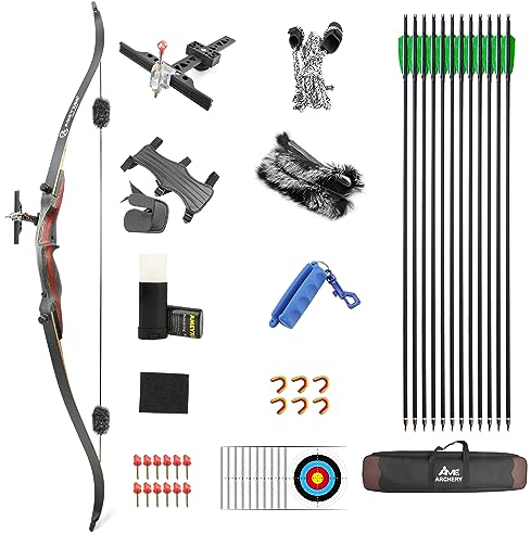wolfman 62 Bogenschießen Recurve Bogen und Pfeil für Erwachsene 20-50lbs Takedown Holzbogen Set Jagd Recurvebogen Set für Zielschießen Rechtshänder (30LBS)