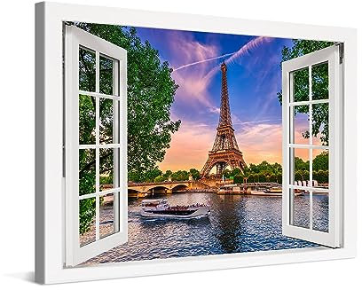 PICANOVA – Photo sur Toile 120x80cm Tour Eiffel Paris Fenêtre – Impression sur Toile Haut de Gamme – Image sur Toile pour Décoration Murale Moderne