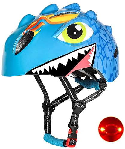 Kinder Fahrradhelm Dino Helme mit Licht - Leicht Jethelme für Kinder - Niedliche Cartoon 3D Kinderhelm zu Radsport Skateboading - Atmungsaktive Roller Helm für Jungen und Mädchen