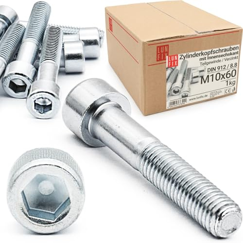 LUN FIX Zylinderkopfschrauben M10 x 60 mm 1kg ca. 19 Stk DIN 912 ISO 4762 | 8.8, Teilgewinde, Innensechskant, verzinkt Maschinenschrauben für Metallbau Maschinenbau Industrie Konstruktion