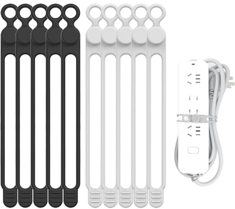 UMUST Silicone Cable Straps, 10pcs Extra-Long Reusable Hanging Organizer for Cables, Kitchen, Home, School (Black & White)