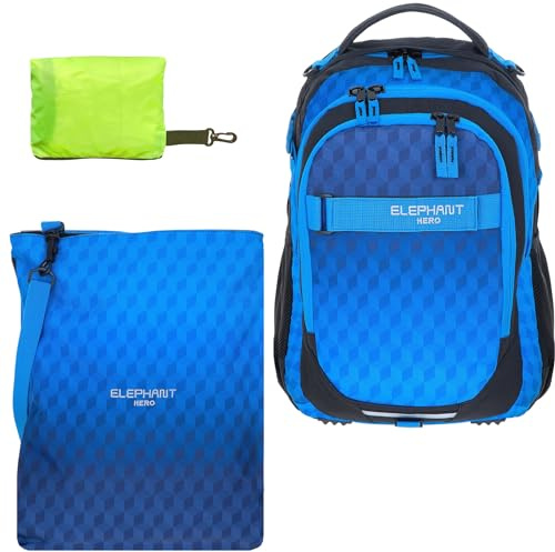 Elephant 3tlg. Set Schulrucksack Hero 12868 Dark Blue Cube rtp | Signature Blau Jungen Mädchen Rucksack Sportbeutel Turnbeutel Regencover Attach Bag Raincover