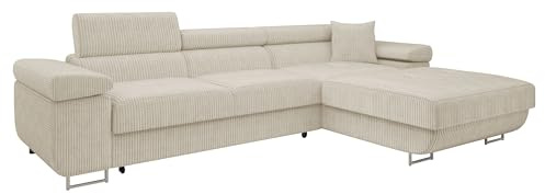 Mirjan24 Ecksofa Torezio Mini Cord mit Bettkasten (Poso 100, R) | Komfortable Eckcouch mit Schlaffunktion, verstellbaren Kopfstützen, weichem Cordbezug und gepolstertem Rücken