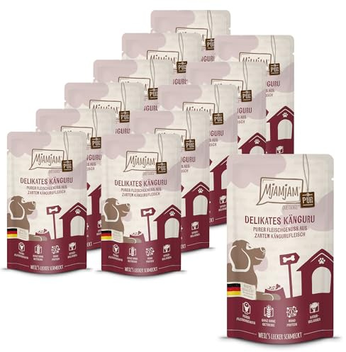 MjAMjAM - Cibo umido premium per cani - Quetschie - puro piacere di carne - puro canguro prelibato, confezione da 12 (12 x 125g), senza cereali con carne extra